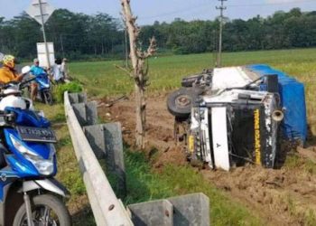 Mobil Tronton Asal Medan Nyemplung di Persawahan Lampung Timur