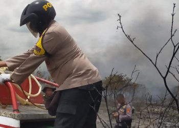Aparat Kepolisian Polres Lampung Timur membantu pemadaman Kebakaran di TNWK. (Foto: Ist)